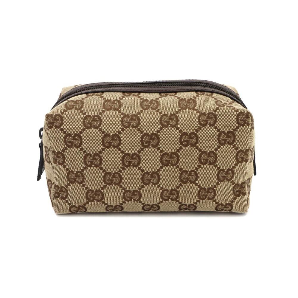 Gucci GG Canvas Cosmetic Case Handbag Pouch Leather Beige 29595